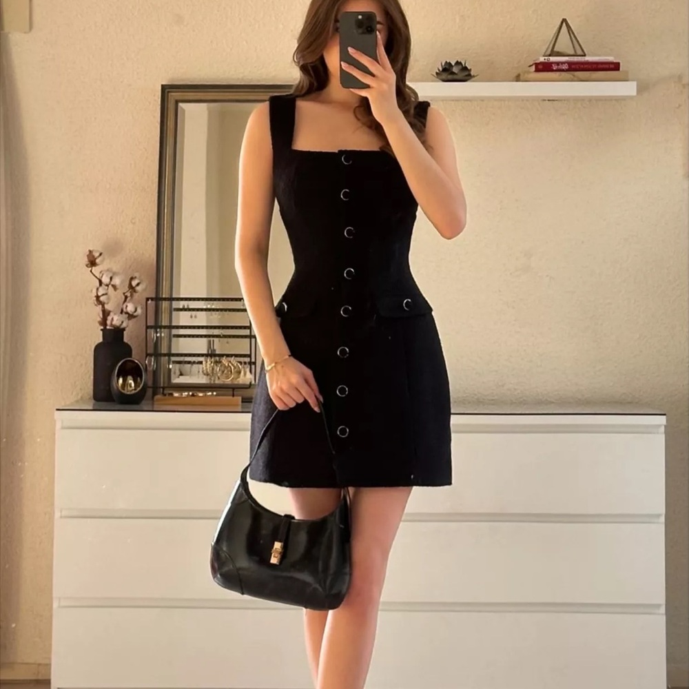 Meshki Black Square-Neck Button Mini Dress